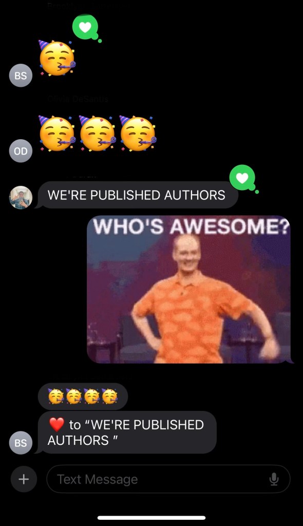 Young Author Project text message thread saying, “We’re published authors” with various celebration emojis.